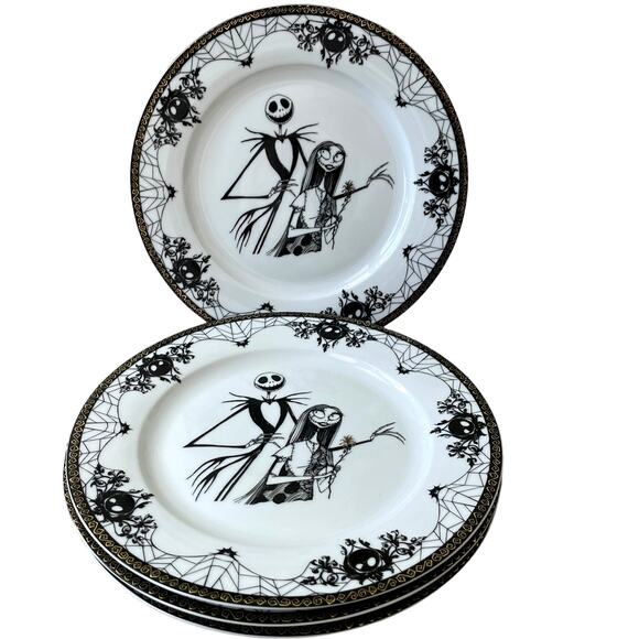 Disney NIGHTMARE BEFORE CHRISTMAS Jack & Sally Dinner Plates Set of 4 Halloween